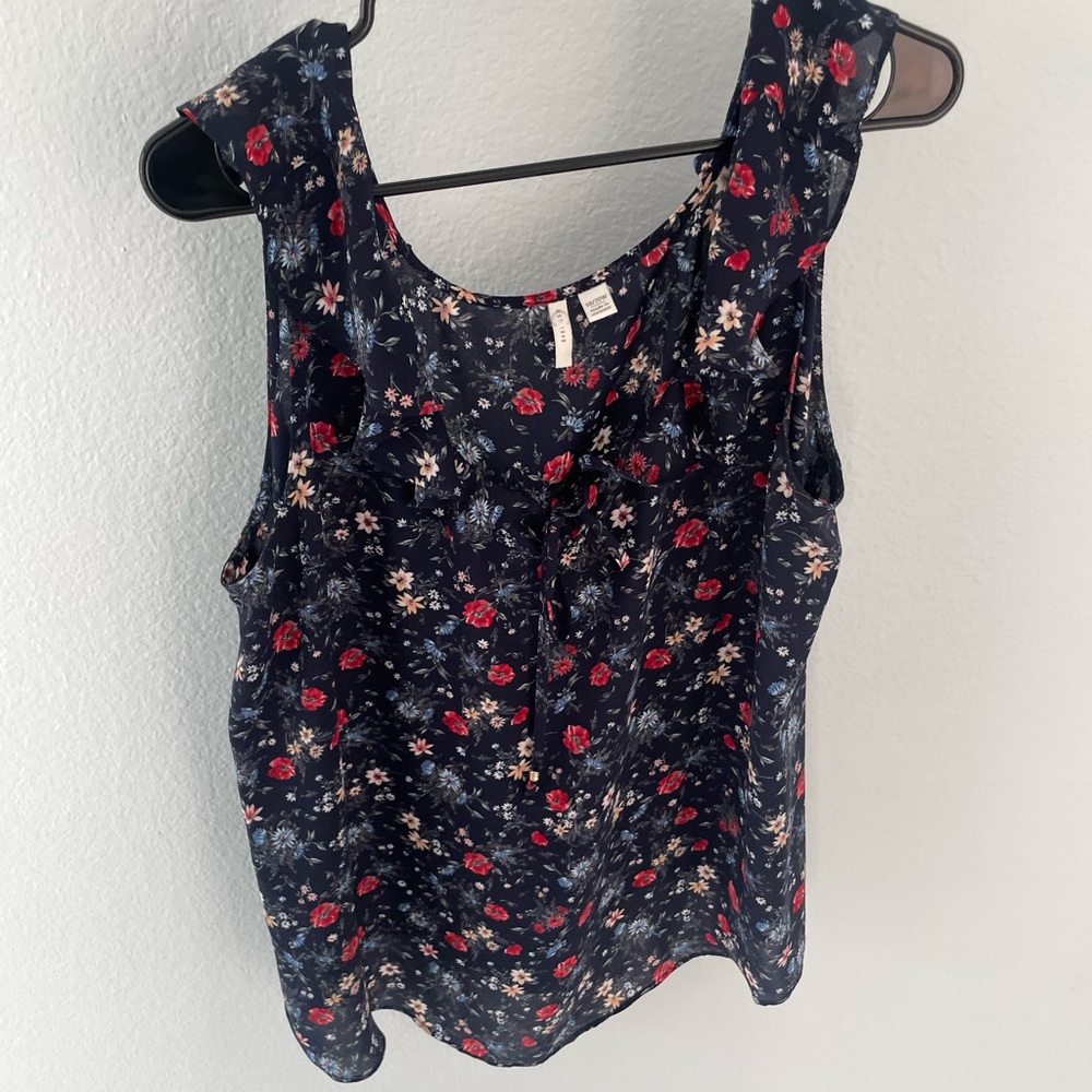 Floral Sleeveless Top - Navy and Red